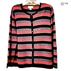 CJ Banks 1x Striped Black Gray and Pink Button Front Cardigan EUC